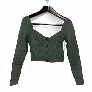 Privacy Please Womens Button Up Crop Top Green Stretch Long Sleeve XXS New